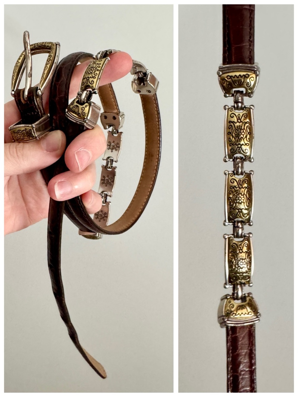Brighton Western Brown Leather Croc-Embossed Concho Belt, Silver & Gold sz. 32 - Picture 11 of 16